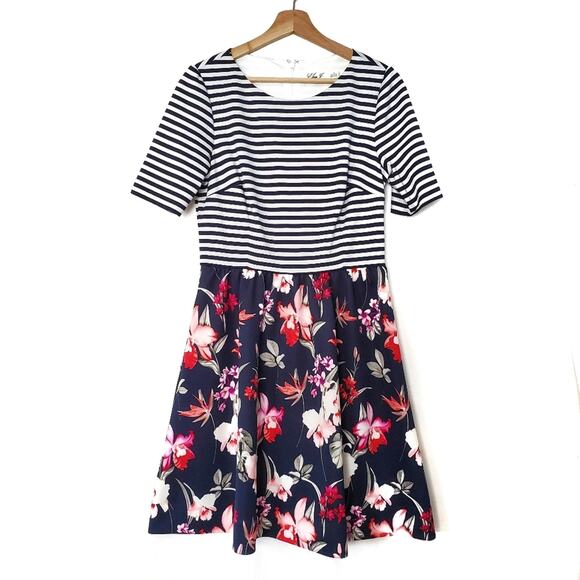 Eliza J | Floral Striped Fit and Flare Dress - Picture 2 of 9